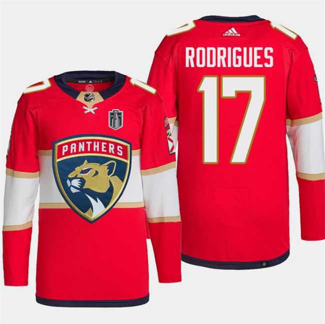 Mens Florida Panthers #17 Evan Rodrigues Red 2024 Stanley Cup Final Patch Stitched Jersey Dzhi